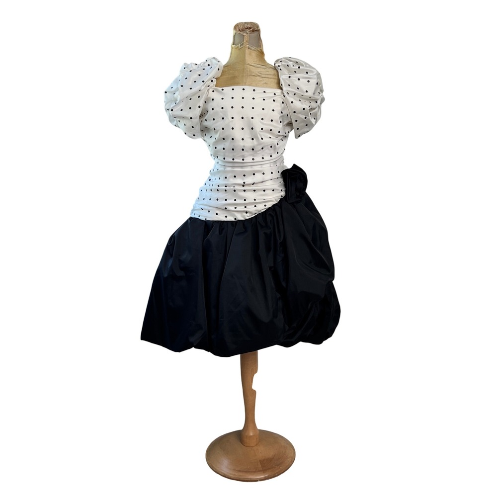 Vintage 80s Prom Dress 5/6 Puff Sleeve Bubble Hoco Polka Dot Rose Cocktail Party